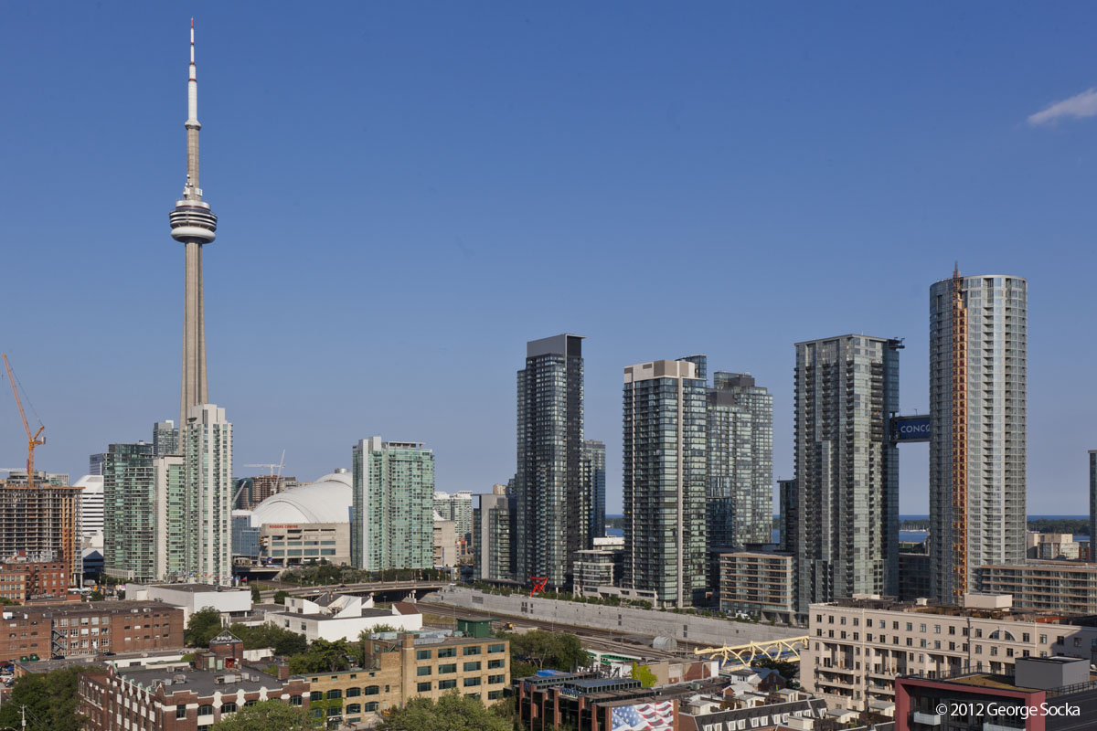 Downtown Toronto skyline at dusk from the Thompson Hotel rooftop